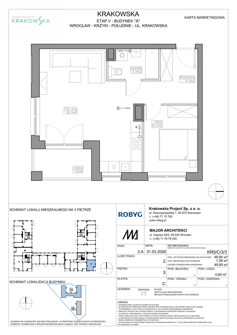 2 pokoje, mieszkanie 48,84 m², piętro 3, oferta nr KR5/C/3/3, Apartamenty Krakowska 5, Wrocław, Przedmieście Oławskie, Krzyki, ul. Krakowska