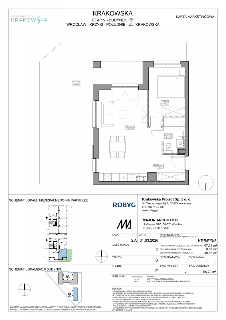 2 pokoje, mieszkanie 47,28 m², parter, oferta nr KR5/F/0/3, Apartamenty Krakowska 5, Wrocław, Przedmieście Oławskie, Krzyki, ul. Krakowska