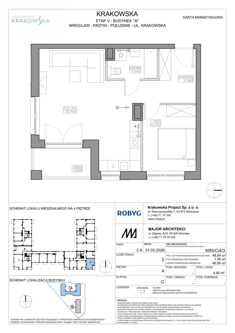 2 pokoje, mieszkanie 48,84 m², piętro 4, oferta nr KR5/C/4/3, Apartamenty Krakowska 5, Wrocław, Przedmieście Oławskie, Krzyki, ul. Krakowska