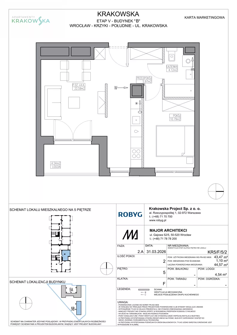 2 pokoje, mieszkanie 43,47 m², piętro 5, oferta nr KR5/F/5/2, Apartamenty Krakowska 5, Wrocław, Przedmieście Oławskie, Krzyki, ul. Krakowska
