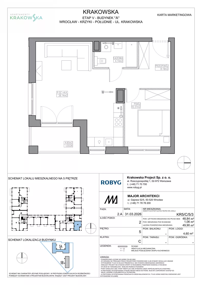 2 pokoje, mieszkanie 48,84 m², piętro 5, oferta nr KR5/C/5/3, Apartamenty Krakowska 5, Wrocław, Przedmieście Oławskie, Krzyki, ul. Krakowska