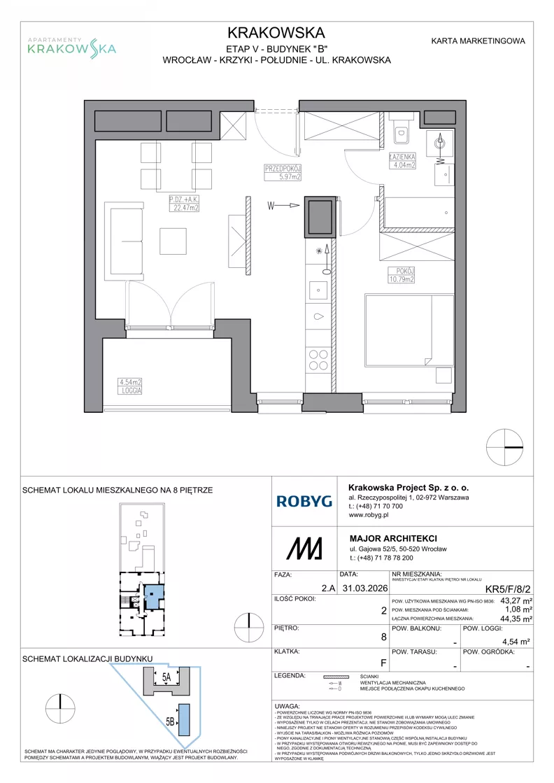 2 pokoje, mieszkanie 43,27 m², piętro 8, oferta nr KR5/F/8/2, Apartamenty Krakowska 5, Wrocław, Przedmieście Oławskie, Krzyki, ul. Krakowska