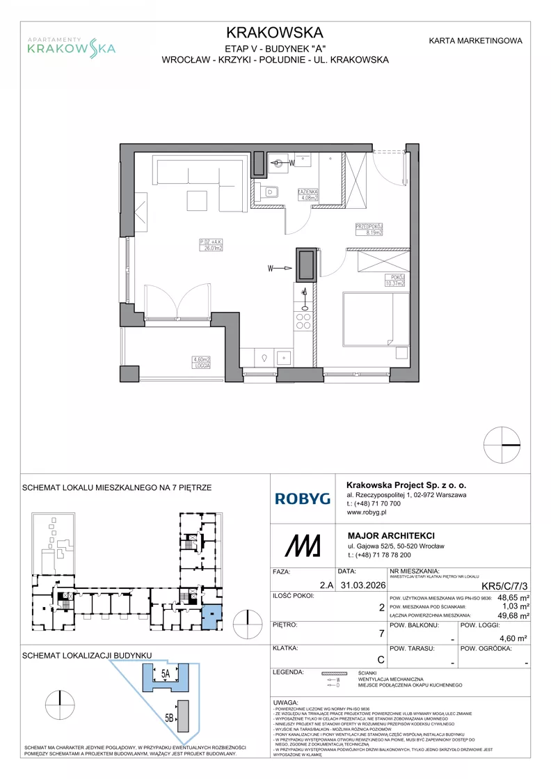2 pokoje, mieszkanie 48,65 m², piętro 7, oferta nr KR5/C/7/3, Apartamenty Krakowska 5, Wrocław, Przedmieście Oławskie, Krzyki, ul. Krakowska