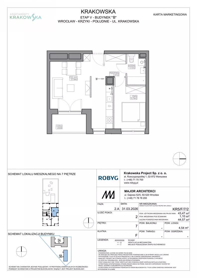 2 pokoje, mieszkanie 43,47 m², piętro 7, oferta nr KR5/F/7/2, Apartamenty Krakowska 5, Wrocław, Przedmieście Oławskie, Krzyki, ul. Krakowska