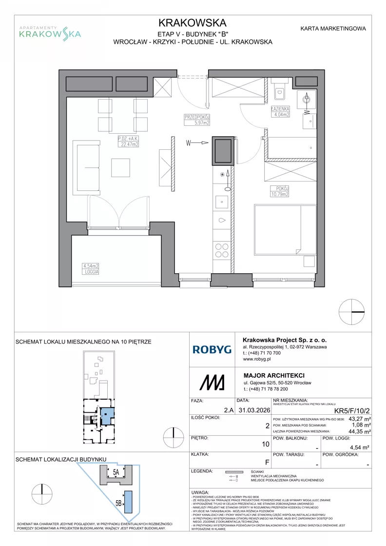 2 pokoje, mieszkanie 43,27 m², piętro 10, oferta nr KR5/F/10/2, Apartamenty Krakowska 5, Wrocław, Przedmieście Oławskie, Krzyki, ul. Krakowska