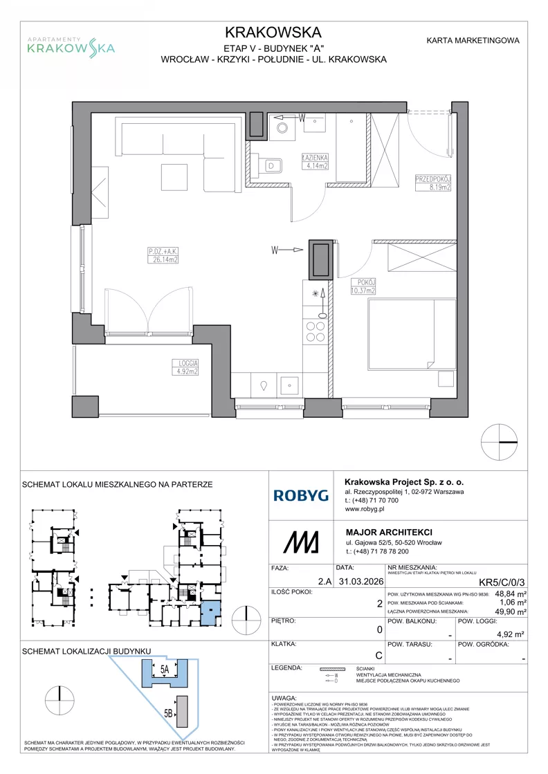 2 pokoje, mieszkanie 48,84 m², parter, oferta nr KR5/C/0/3, Apartamenty Krakowska 5, Wrocław, Przedmieście Oławskie, Krzyki, ul. Krakowska