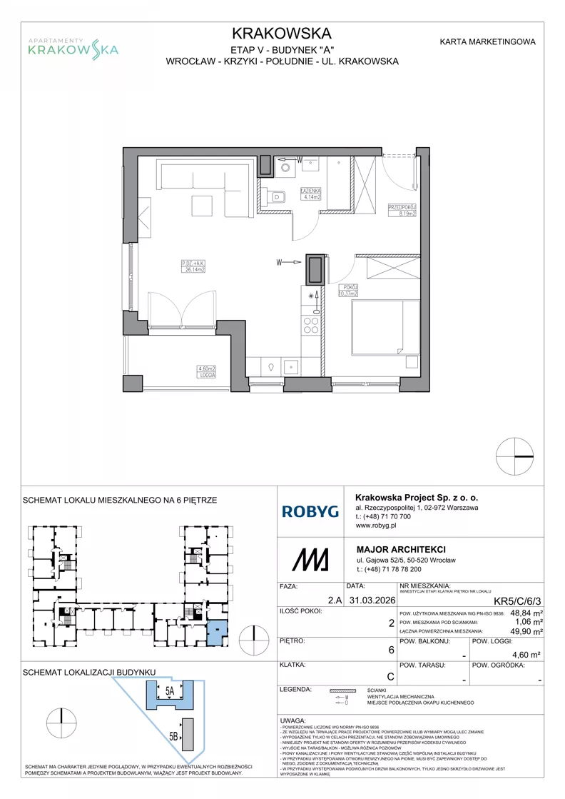 2 pokoje, mieszkanie 48,84 m², piętro 6, oferta nr KR5/C/6/3, Apartamenty Krakowska 5, Wrocław, Przedmieście Oławskie, Krzyki, ul. Krakowska