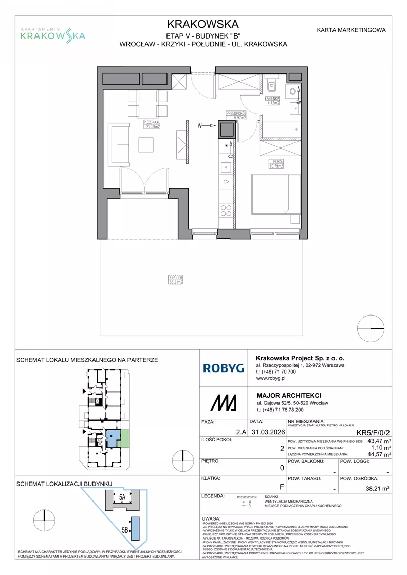 2 pokoje, mieszkanie 43,47 m², parter, oferta nr KR5/F/0/2, Apartamenty Krakowska 5, Wrocław, Przedmieście Oławskie, Krzyki, ul. Krakowska