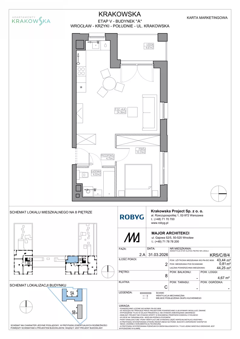 2 pokoje, mieszkanie 43,44 m², piętro 8, oferta nr KR5/C/8/4, Apartamenty Krakowska 5, Wrocław, Przedmieście Oławskie, Krzyki, ul. Krakowska