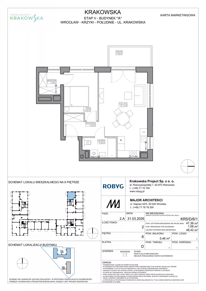 2 pokoje, mieszkanie 47,36 m², piętro 6, oferta nr KR5/D/6/1, Apartamenty Krakowska 5, Wrocław, Przedmieście Oławskie, Krzyki, ul. Krakowska