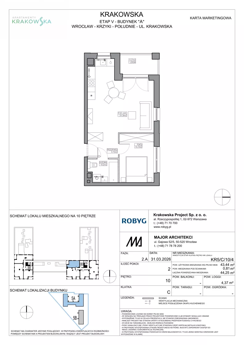 2 pokoje, mieszkanie 43,44 m², piętro 10, oferta nr KR5/C/10/4, Apartamenty Krakowska 5, Wrocław, Przedmieście Oławskie, Krzyki, ul. Krakowska