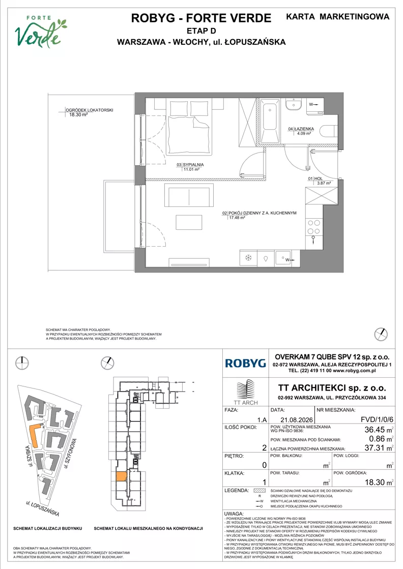 2 pokoje, mieszkanie 36,45 m², parter, oferta nr FVD/1/0/6, Forte Verde, Warszawa, Włochy, Raków, ul. Łopuszańska