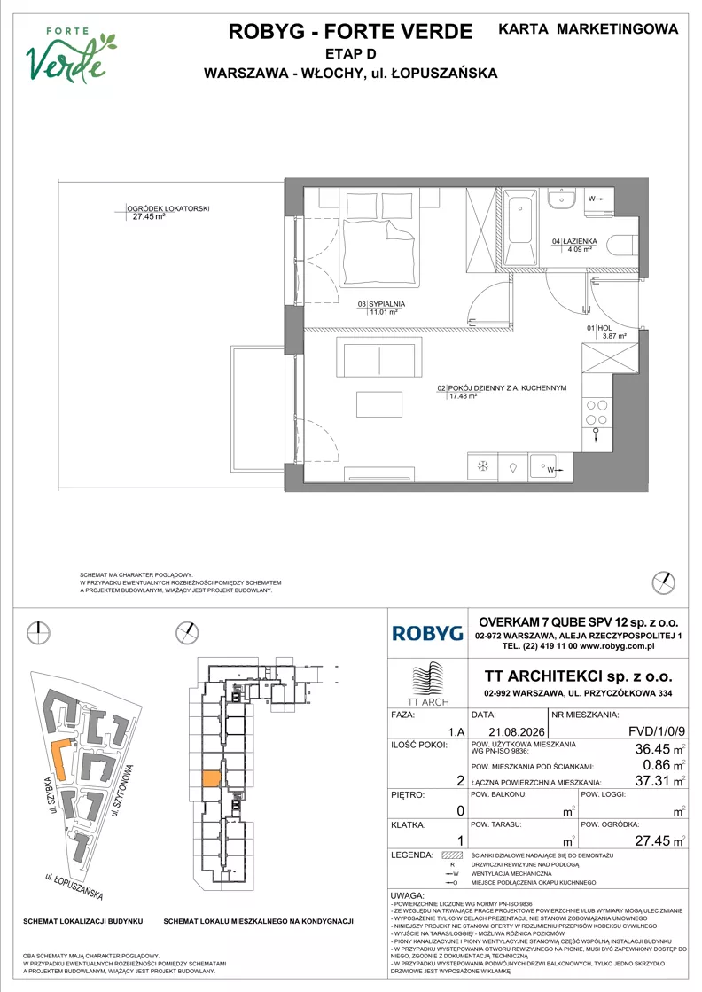 2 pokoje, mieszkanie 36,45 m², parter, oferta nr FVD/1/0/9, Forte Verde, Warszawa, Włochy, Raków, ul. Łopuszańska