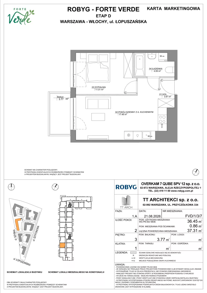 2 pokoje, mieszkanie 36,45 m², piętro 3, oferta nr FVD/1/3/7, Forte Verde, Warszawa, Włochy, Raków, ul. Łopuszańska