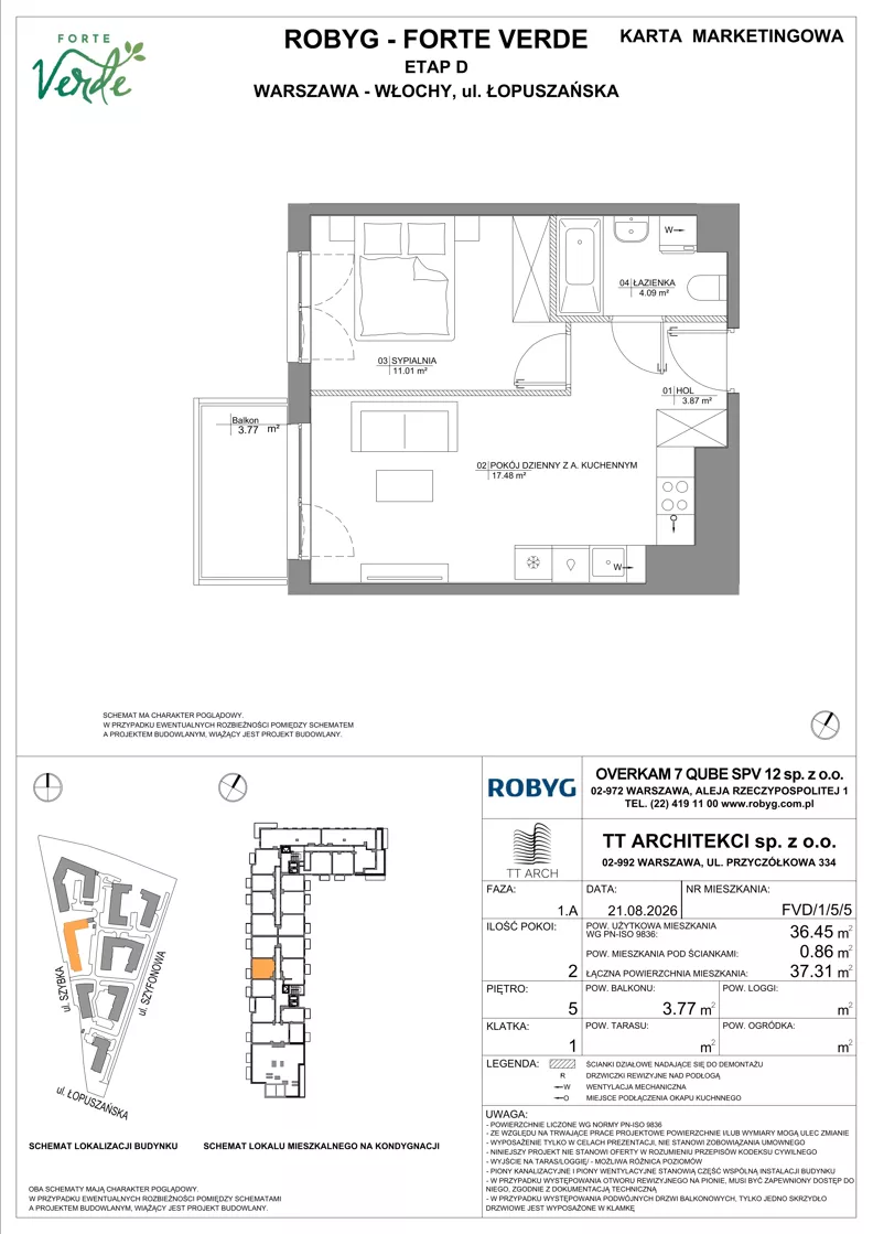 2 pokoje, mieszkanie 36,45 m², piętro 5, oferta nr FVD/1/5/5, Forte Verde, Warszawa, Włochy, Raków, ul. Łopuszańska