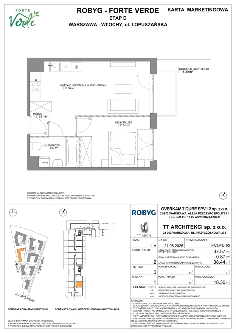 2 pokoje, mieszkanie 37,57 m², parter, oferta nr FVD/1/0/2, Forte Verde, Warszawa, Włochy, Raków, ul. Łopuszańska