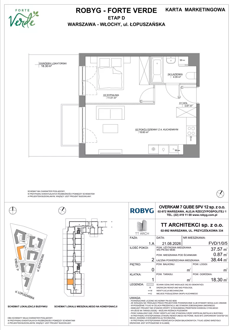 2 pokoje, mieszkanie 37,57 m², parter, oferta nr FVD/1/0/5, Forte Verde, Warszawa, Włochy, Raków, ul. Łopuszańska