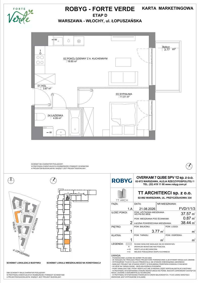 2 pokoje, mieszkanie 37,57 m², piętro 1, oferta nr FVD/1/1/3, Forte Verde, Warszawa, Włochy, Raków, ul. Łopuszańska