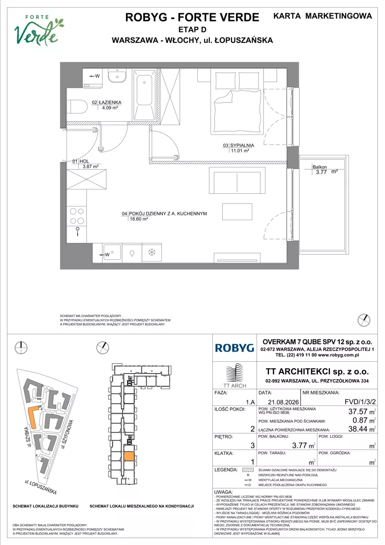 2 pokoje, mieszkanie 37,57 m², piętro 3, oferta nr FVD/1/3/2, Forte Verde, Warszawa, Włochy, Raków, ul. Łopuszańska