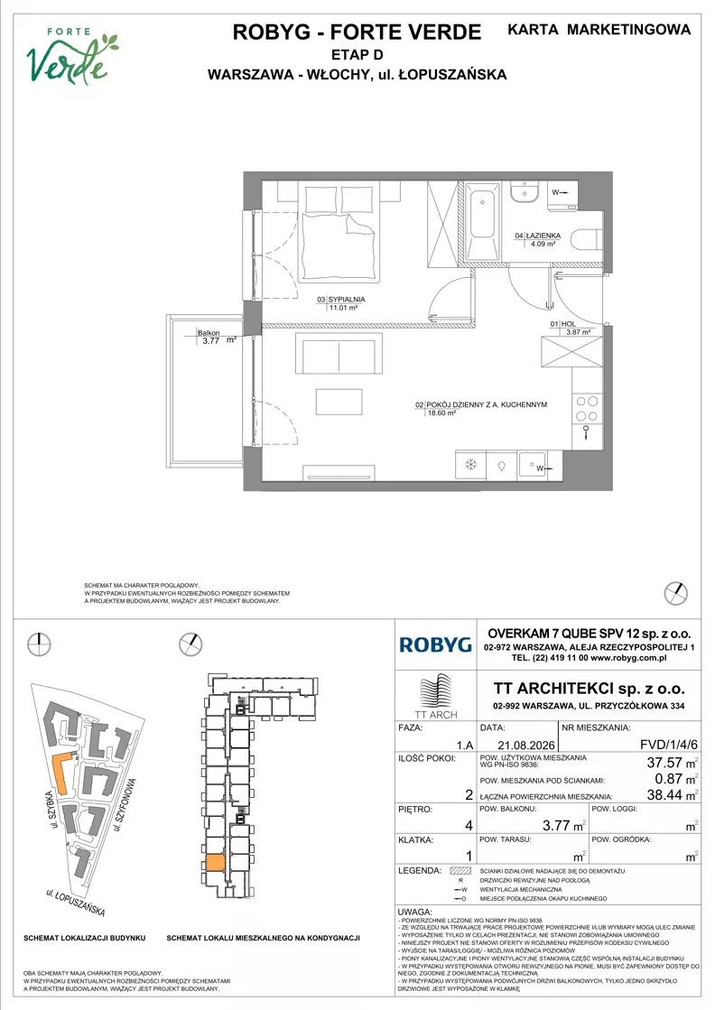 2 pokoje, mieszkanie 37,57 m², piętro 4, oferta nr FVD/1/4/6, Forte Verde, Warszawa, Włochy, Raków, ul. Łopuszańska