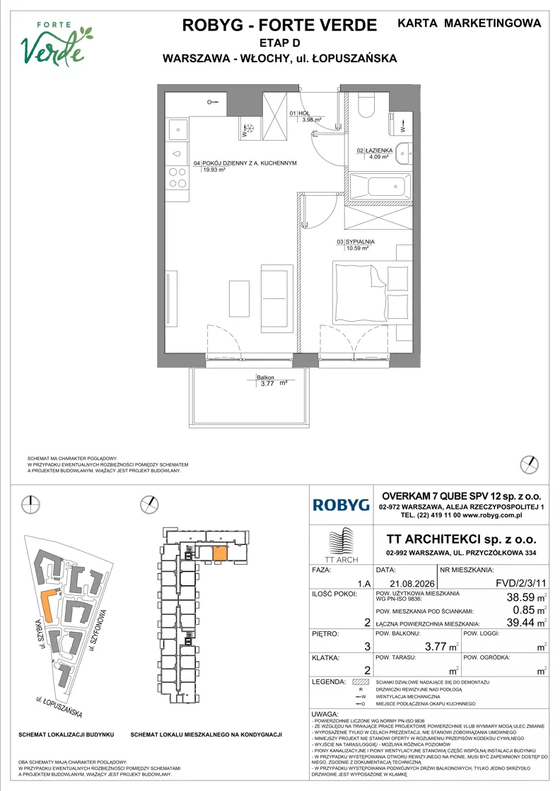 2 pokoje, mieszkanie 38,59 m², piętro 3, oferta nr FVD/2/3/11, Forte Verde, Warszawa, Włochy, Raków, ul. Łopuszańska
