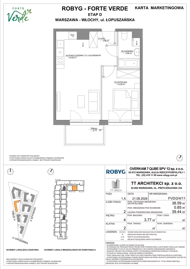2 pokoje, mieszkanie 38,59 m², piętro 4, oferta nr FVD/2/4/11, Forte Verde, Warszawa, Włochy, Raków, ul. Łopuszańska
