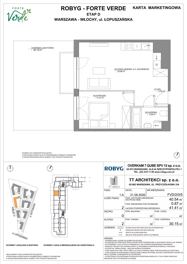 2 pokoje, mieszkanie 40,54 m², parter, oferta nr FVD/2/0/5, Forte Verde, Warszawa, Włochy, Raków, ul. Łopuszańska