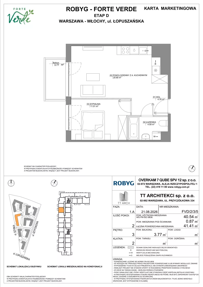 2 pokoje, mieszkanie 40,54 m², piętro 3, oferta nr FVD/2/3/5, Forte Verde, Warszawa, Włochy, Raków, ul. Łopuszańska