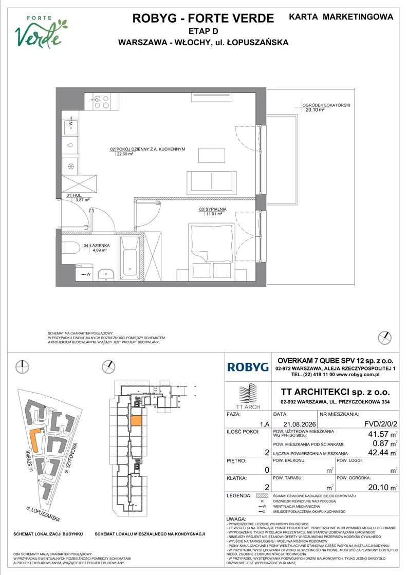 2 pokoje, mieszkanie 41,57 m², parter, oferta nr FVD/2/0/2, Forte Verde, Warszawa, Włochy, Raków, ul. Łopuszańska