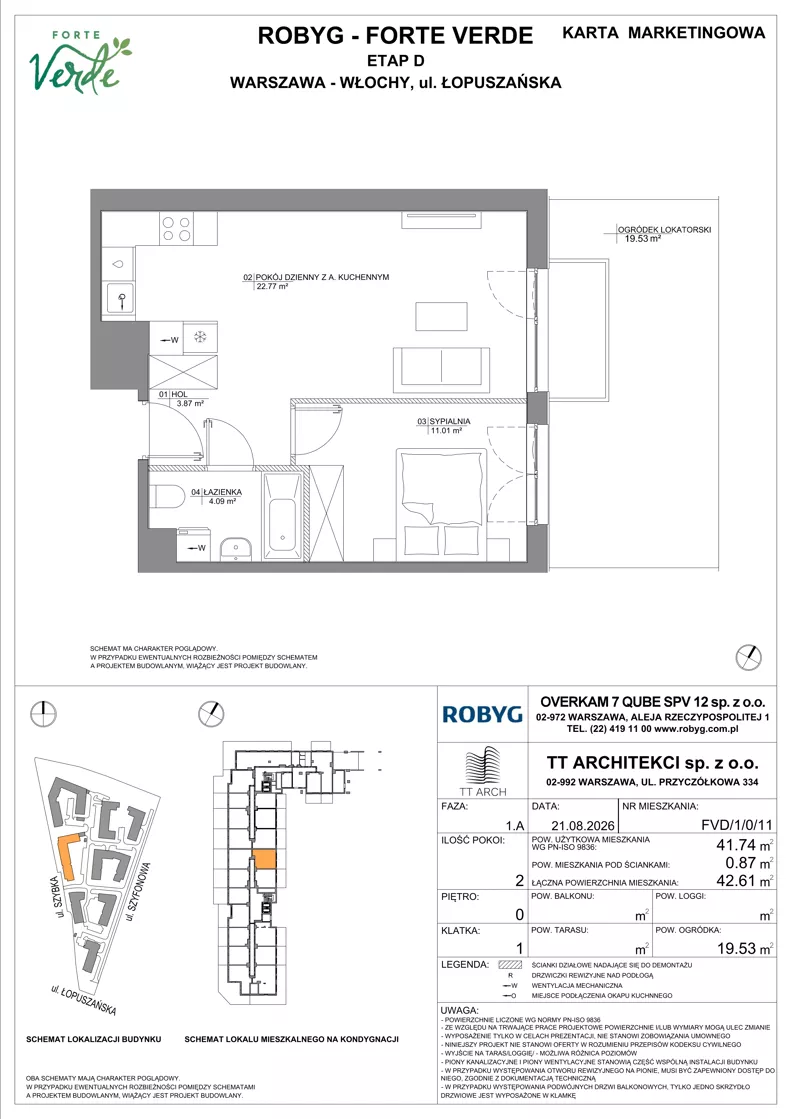 2 pokoje, mieszkanie 41,74 m², parter, oferta nr FVD/1/0/11, Forte Verde, Warszawa, Włochy, Raków, ul. Łopuszańska