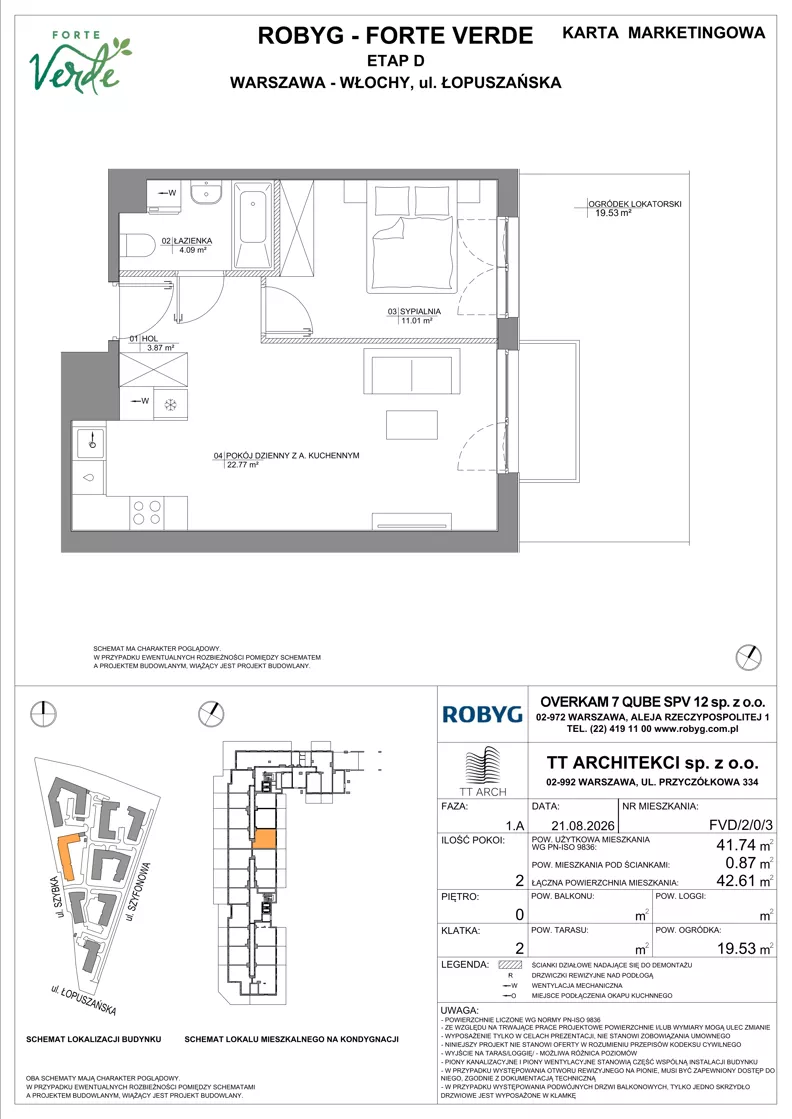 2 pokoje, mieszkanie 41,74 m², parter, oferta nr FVD/2/0/3, Forte Verde, Warszawa, Włochy, Raków, ul. Łopuszańska