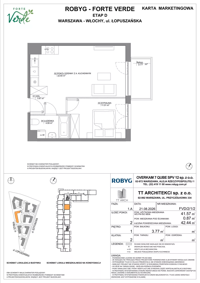 2 pokoje, mieszkanie 41,57 m², piętro 1, oferta nr FVD/2/1/2, Forte Verde, Warszawa, Włochy, Raków, ul. Łopuszańska