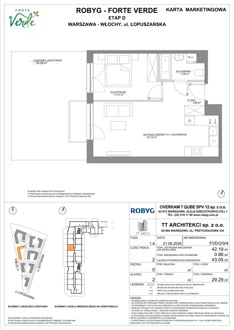 2 pokoje, mieszkanie 42,19 m², parter, oferta nr FVD/2/0/4, Forte Verde, Warszawa, Włochy, Raków, ul. Łopuszańska