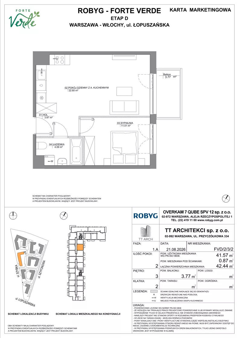 2 pokoje, mieszkanie 41,57 m², piętro 3, oferta nr FVD/2/3/2, Forte Verde, Warszawa, Włochy, Raków, ul. Łopuszańska