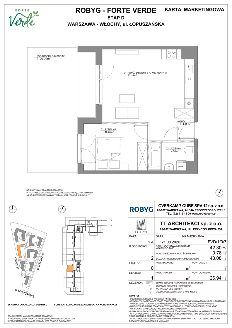 2 pokoje, mieszkanie 42,30 m², parter, oferta nr FVD/1/0/7, Forte Verde, Warszawa, Włochy, Raków, ul. Łopuszańska