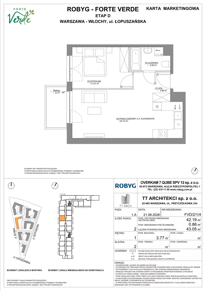 2 pokoje, mieszkanie 42,19 m², piętro 1, oferta nr FVD/2/1/4, Forte Verde, Warszawa, Włochy, Raków, ul. Łopuszańska