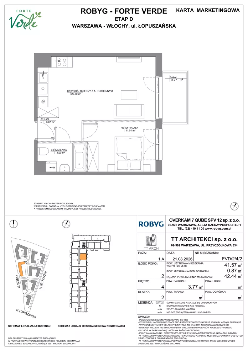 2 pokoje, mieszkanie 41,57 m², piętro 4, oferta nr FVD/2/4/2, Forte Verde, Warszawa, Włochy, Raków, ul. Łopuszańska