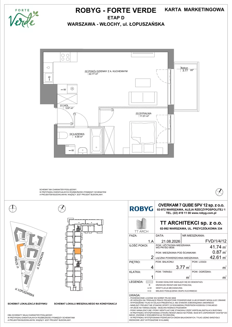 2 pokoje, mieszkanie 41,74 m², piętro 4, oferta nr FVD/1/4/12, Forte Verde, Warszawa, Włochy, Raków, ul. Łopuszańska