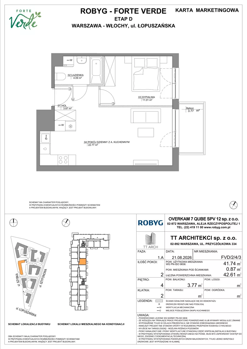 2 pokoje, mieszkanie 41,74 m², piętro 4, oferta nr FVD/2/4/3, Forte Verde, Warszawa, Włochy, Raków, ul. Łopuszańska