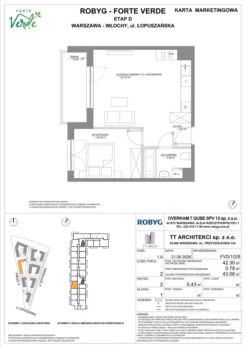 2 pokoje, mieszkanie 42,30 m², piętro 2, oferta nr FVD/1/2/8, Forte Verde, Warszawa, Włochy, Raków, ul. Łopuszańska
