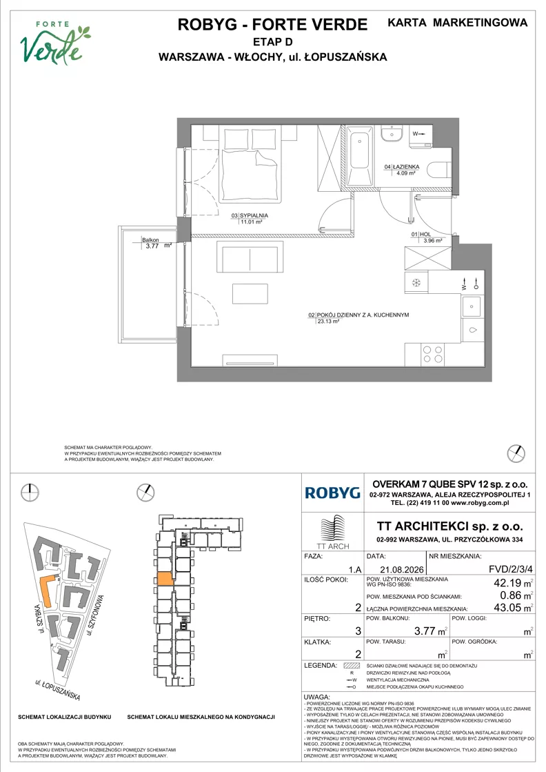 2 pokoje, mieszkanie 42,19 m², piętro 3, oferta nr FVD/2/3/4, Forte Verde, Warszawa, Włochy, Raków, ul. Łopuszańska