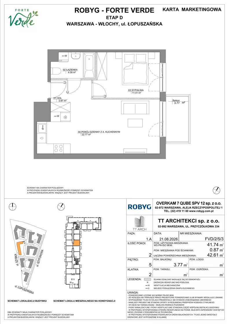 2 pokoje, mieszkanie 41,74 m², piętro 5, oferta nr FVD/2/5/3, Forte Verde, Warszawa, Włochy, Raków, ul. Łopuszańska