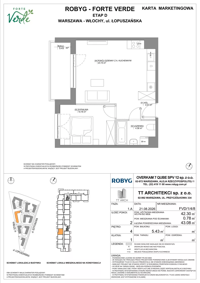 2 pokoje, mieszkanie 42,30 m², piętro 4, oferta nr FVD/1/4/8, Forte Verde, Warszawa, Włochy, Raków, ul. Łopuszańska