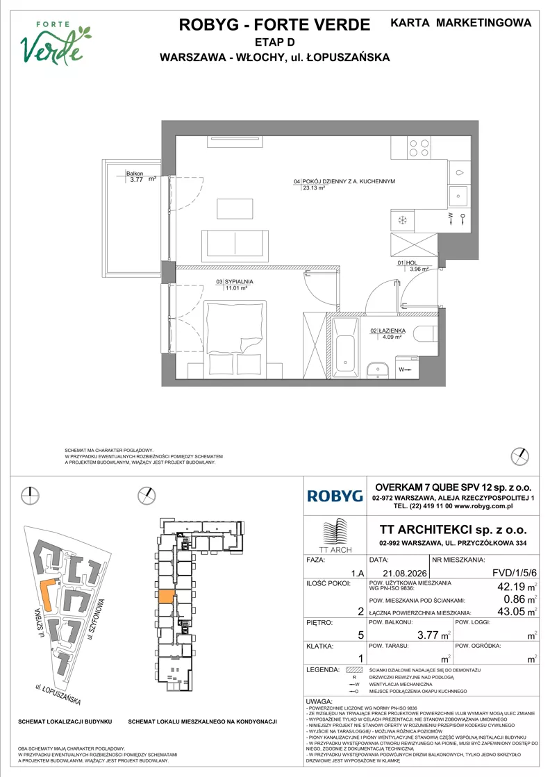 2 pokoje, mieszkanie 42,19 m², piętro 5, oferta nr FVD/1/5/6, Forte Verde, Warszawa, Włochy, Raków, ul. Łopuszańska