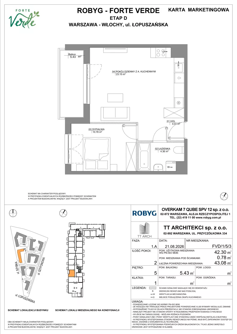 2 pokoje, mieszkanie 42,30 m², piętro 5, oferta nr FVD/1/5/3, Forte Verde, Warszawa, Włochy, Raków, ul. Łopuszańska