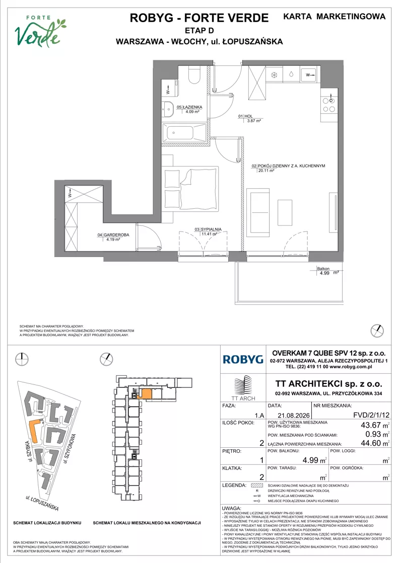 2 pokoje, mieszkanie 43,67 m², piętro 1, oferta nr FVD/2/1/12, Forte Verde, Warszawa, Włochy, Raków, ul. Łopuszańska