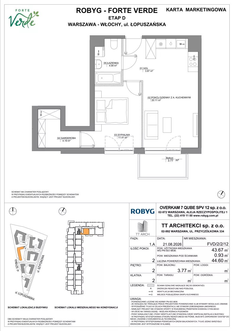 2 pokoje, mieszkanie 43,67 m², piętro 2, oferta nr FVD/2/2/12, Forte Verde, Warszawa, Włochy, Raków, ul. Łopuszańska