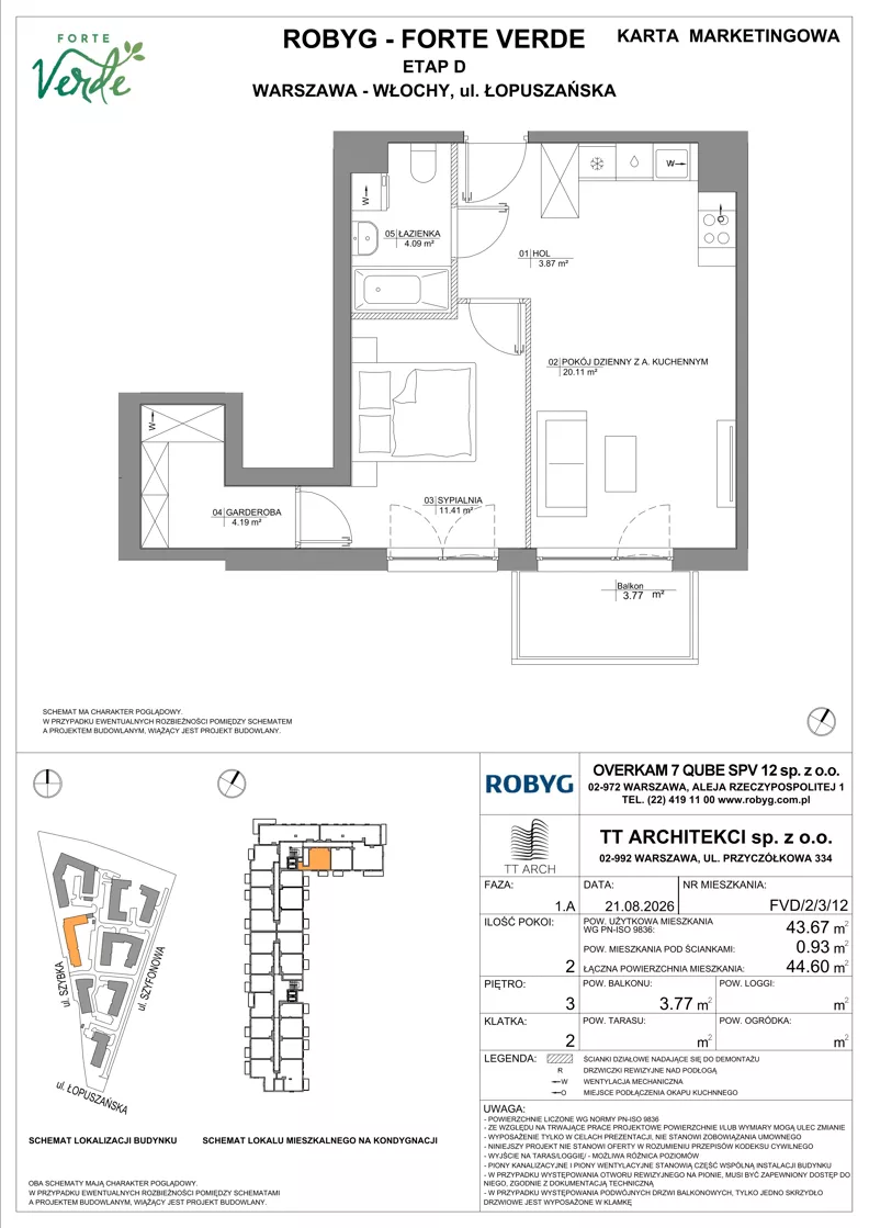 2 pokoje, mieszkanie 43,67 m², piętro 3, oferta nr FVD/2/3/12, Forte Verde, Warszawa, Włochy, Raków, ul. Łopuszańska