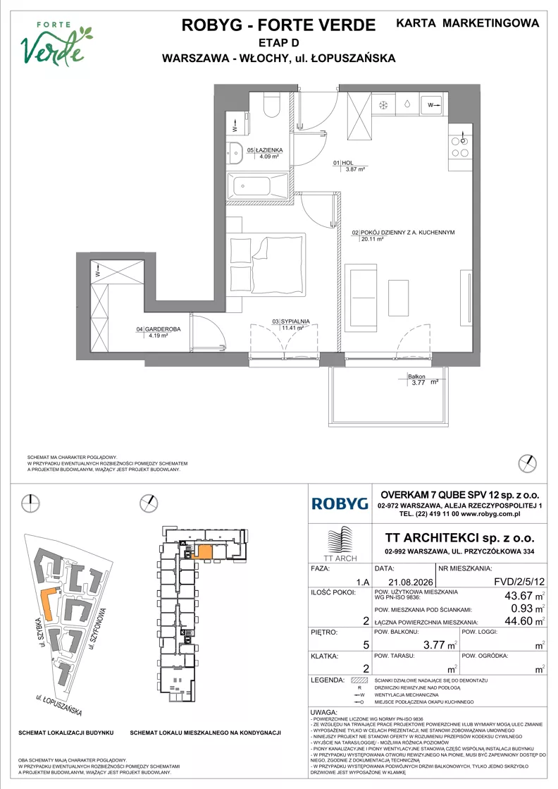 2 pokoje, mieszkanie 43,67 m², piętro 5, oferta nr FVD/2/5/12, Forte Verde, Warszawa, Włochy, Raków, ul. Łopuszańska
