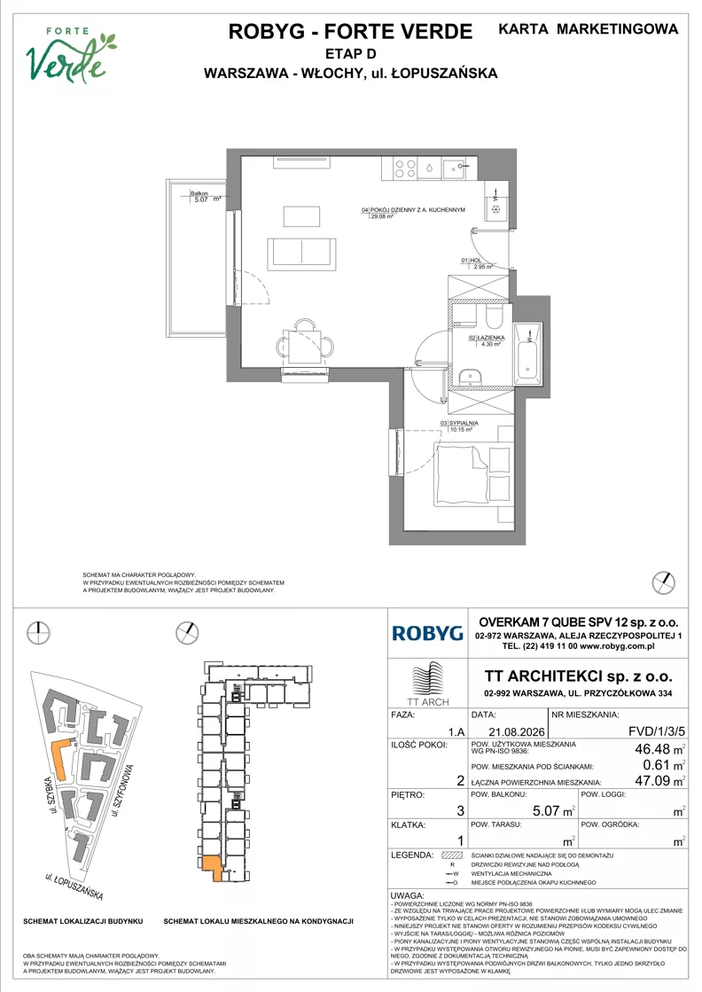 2 pokoje, mieszkanie 46,48 m², piętro 3, oferta nr FVD/1/3/5, Forte Verde, Warszawa, Włochy, Raków, ul. Łopuszańska